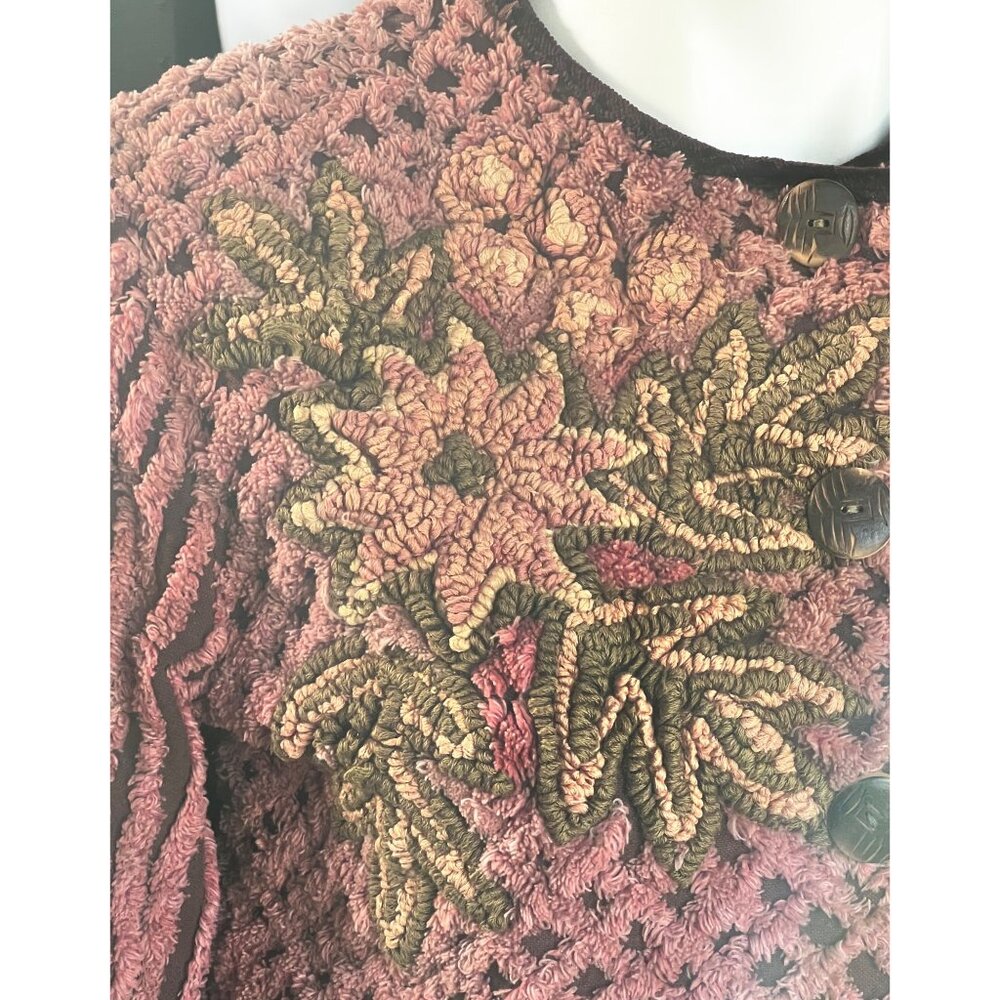 Chenille Cardigan With Loop Details on flowers Leaves Handmade Pink Rose - Picture 11 of 13
